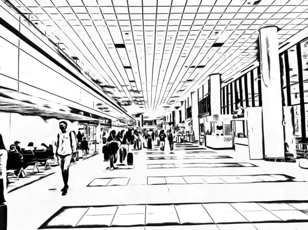 Interior Del Edificio Del Aeropuerto Ilustraciones Blanco Negro — Foto de Stock