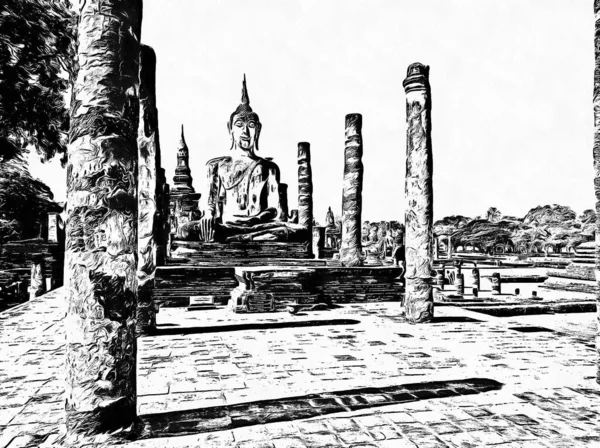 Starověká Thajská Architektura Krajina Černobílé Ilustrace — Stock fotografie