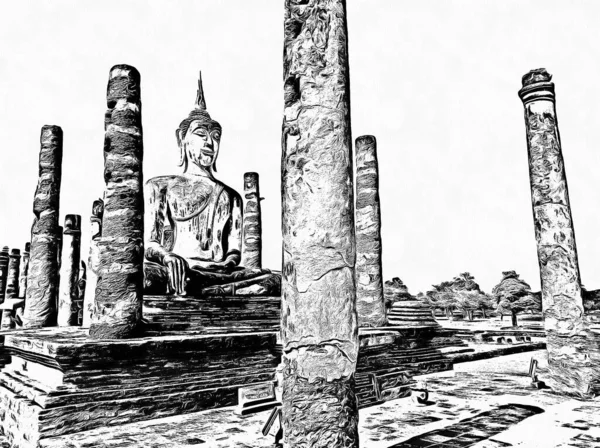 Forntida Thai Arkitektur Landskap Svartvita Illustrationer — Stockfoto