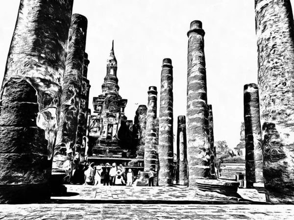 Стародавня Архітектура Тайців Пейзаж Чорний Білий Ілюстрації — стокове фото