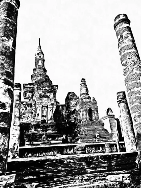 古代泰国人建筑景观黑白插图 — 图库照片