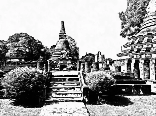 Αρχαία Ταϊλανδέζικη Αρχιτεκτονική Τοπίο Ασπρόμαυρες Εικόνες — Φωτογραφία Αρχείου