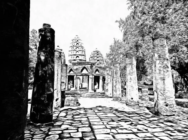 Paisaje Arquitectura Tailandesa Antigua Ilustraciones Blanco Negro — Foto de Stock