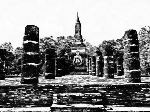 Antico Paesaggio Architettonico Tailandese Illustrazioni Bianco Nero — Foto Stock