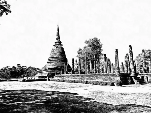Antiga Paisagem Arquitetura Tailandesa Ilustrações Preto Branco — Fotografia de Stock