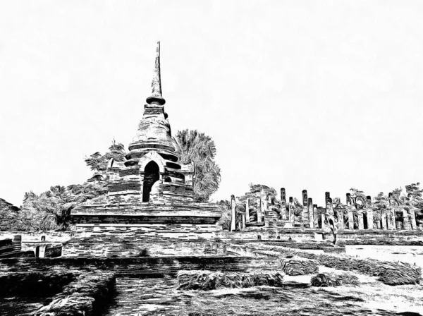 Αρχαία Ταϊλανδέζικη Αρχιτεκτονική Τοπίο Ασπρόμαυρες Εικόνες — Φωτογραφία Αρχείου