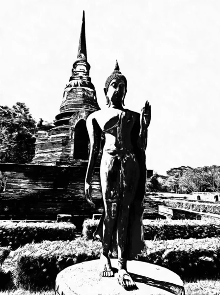 Antiga Paisagem Arquitetura Tailandesa Ilustrações Preto Branco — Fotografia de Stock
