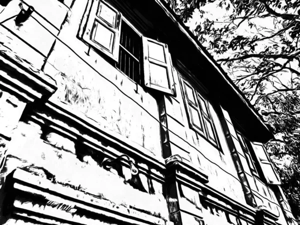 Landschaft Alter Verlassener Gebäude Schwarz Weiß Illustrationen — Stockfoto
