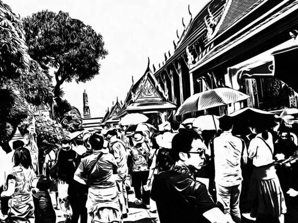 Landscape of the grand palace in bangkok Black and white illustrations.