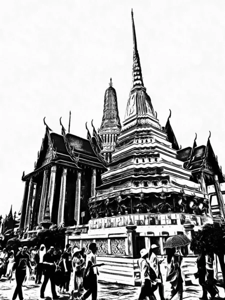 Landscape of the grand palace in bangkok Black and white illustrations.