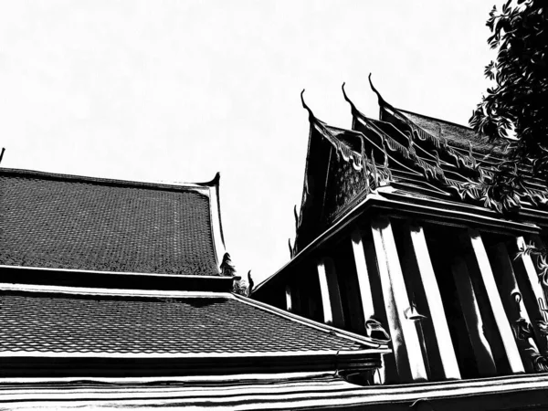 Krajina Wat Pho Bangkoku Černobílé Ilustrace — Stock fotografie