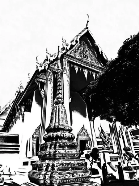 Paisagem Wat Pho Bangkok Ilustrações Preto Branco — Fotografia de Stock