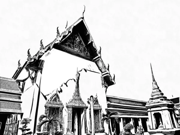バンコクのワット ポーの風景白黒イラスト — ストック写真