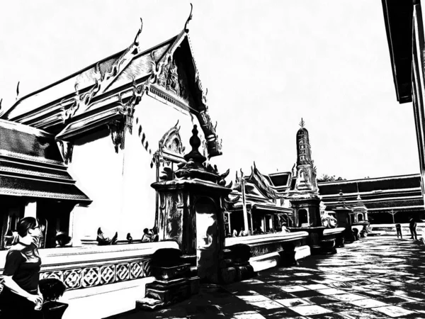 Paesaggio Wat Pho Bangkok Illustrazioni Bianco Nero — Foto Stock