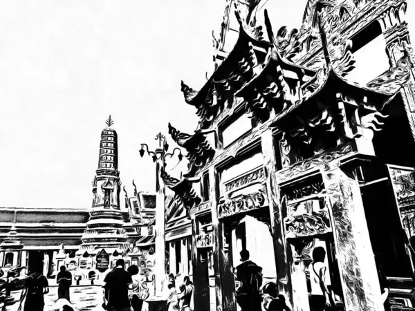 Wat Pho Nun Bangkok Taki Manzarası Siyah Beyaz Çizimler — Stok fotoğraf