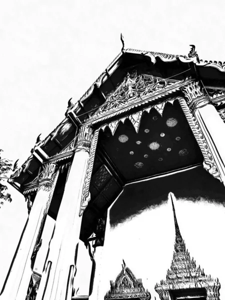 Landscape Wat Pho Bangkok Black White Illustrations — Stock Photo, Image