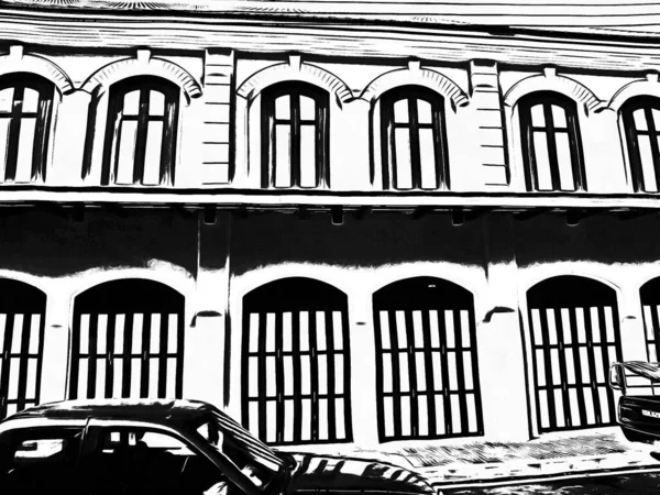 古代の建物の風景白黒のイラスト — ストック写真