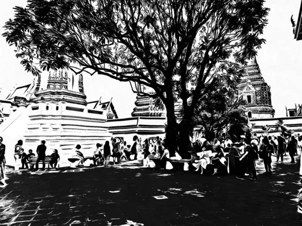 Krajobraz Wat Pho Bangkoku Czarno Białe Ilustracje — Zdjęcie stockowe
