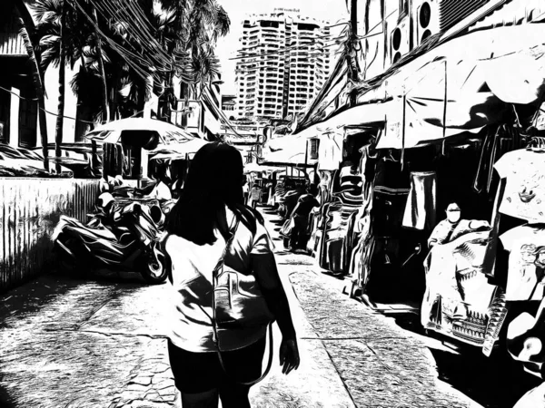 Landscape Bangkok City Streets Black White Illustrations — Stock Photo, Image