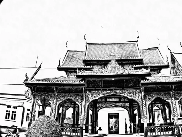 Oude Thaise Architectuur Landschap Zwart Wit Illustraties — Stockfoto