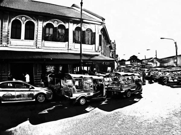 Paisaje Los Alrededores Del Gran Palacio Bangkok Ilustraciones Blanco Negro —  Fotos de Stock