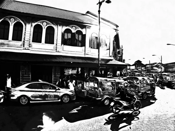 Paisaje Los Alrededores Del Gran Palacio Bangkok Ilustraciones Blanco Negro —  Fotos de Stock