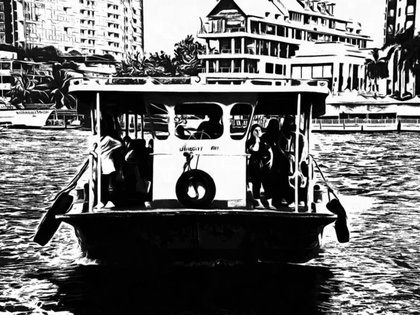 Paisaje Del Río Chao Phraya Bangkok Ilustraciones Blanco Negro — Foto de Stock