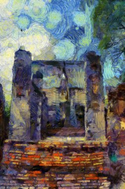 Antik Tayland mimari manzarası Illustrations bir empresyonist resim stili oluşturur.