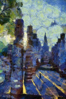 Antik Tayland mimari manzarası Illustrations bir empresyonist resim stili oluşturur.