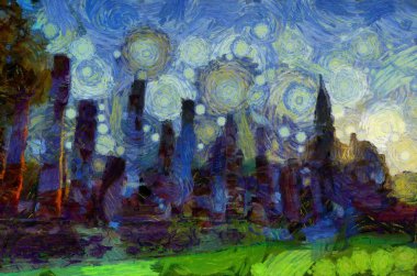 Antik Tayland mimari manzarası Illustrations bir empresyonist resim stili oluşturur.