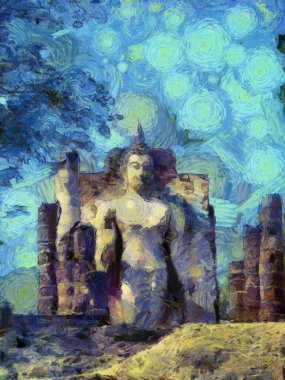 Antik Tayland mimari manzarası Illustrations bir empresyonist resim stili oluşturur.