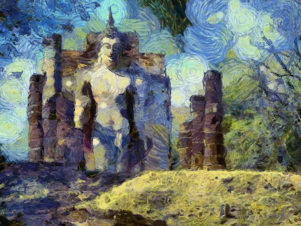 Ancient thai architecture landscape Illustrations creates an impressionist style of painting.