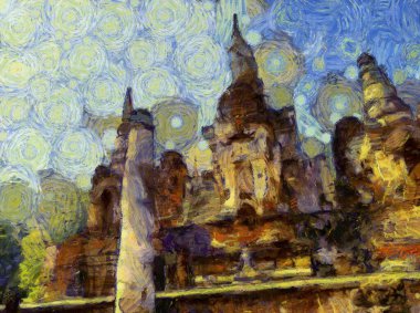 Antik Tayland mimari manzarası Illustrations bir empresyonist resim stili oluşturur.