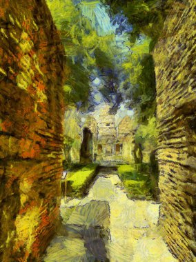 Antik Tayland mimari manzarası Illustrations bir empresyonist resim stili oluşturur.