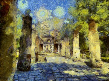 Antik Tayland mimari manzarası Illustrations bir empresyonist resim stili oluşturur.