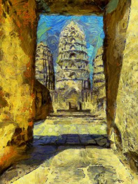 Antik Tayland mimari manzarası Illustrations bir empresyonist resim stili oluşturur.