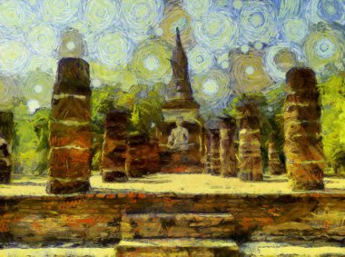 Antik Tayland mimari manzarası Illustrations bir empresyonist resim stili oluşturur.