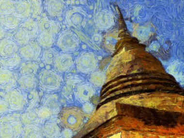 Antik Tayland mimari manzarası Illustrations bir empresyonist resim stili oluşturur.