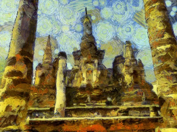 Ancient Thai Architecture Landscape Illustrations Creates Impressionist Style Painting — Stock Photo, Image