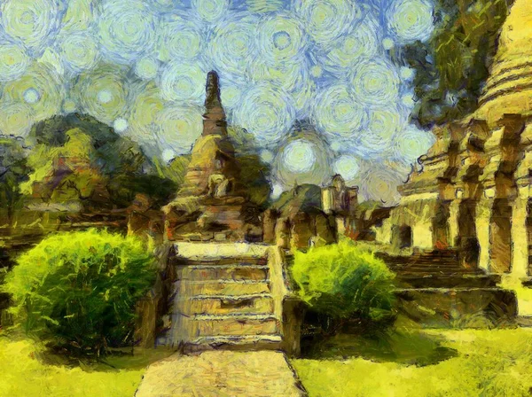 Antiga Paisagem Arquitetura Tailandesa Ilustrações Cria Estilo Impressionista Pintura — Fotografia de Stock