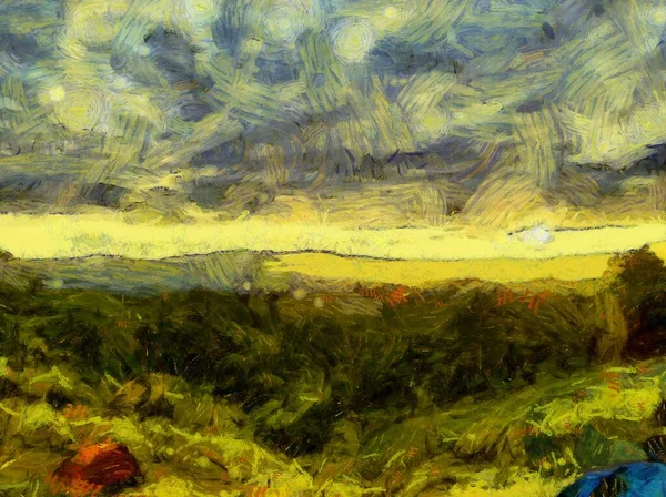Landschaft Aus Bergen Und Wäldern Illustrationen Schafft Einen Impressionistischen Malstil — Stockfoto