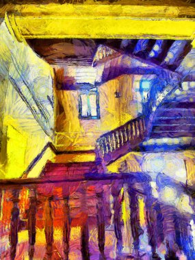 Bangkok 'taki antik bir binanın iç manzarası, çizimler izlenimci tarzda resimler yaratıyor..