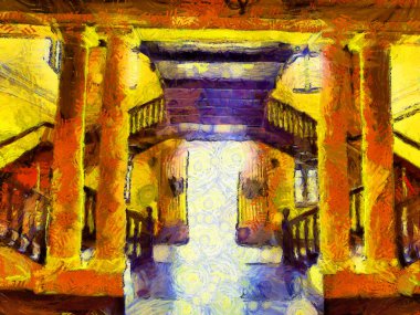 Bangkok 'taki antik bir binanın iç manzarası, çizimler izlenimci tarzda resimler yaratıyor..