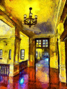 Bangkok 'taki antik bir binanın iç manzarası, çizimler izlenimci tarzda resimler yaratıyor..