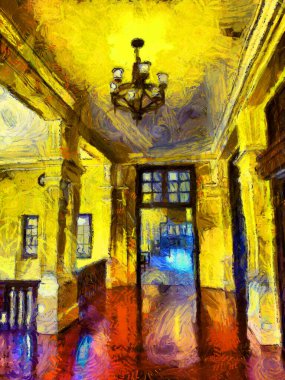 Bangkok 'taki antik bir binanın iç manzarası, çizimler izlenimci tarzda resimler yaratıyor..