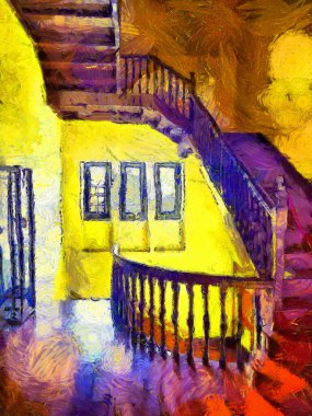 Bangkok 'taki antik bir binanın iç manzarası, çizimler izlenimci tarzda resimler yaratıyor..