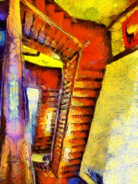 Bangkok 'taki antik bir binanın iç manzarası, çizimler izlenimci tarzda resimler yaratıyor..