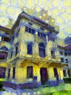 Bangkok Illustrations 'daki antik binaların manzarası empresyonist bir resim tarzı yaratıyor.