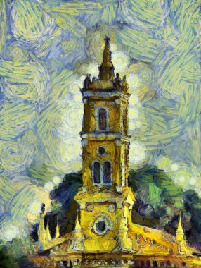 Antik sarı Hıristiyan kilisesi gotik mimari illüstrasyonları empresyonist bir resim stili yaratıyor..