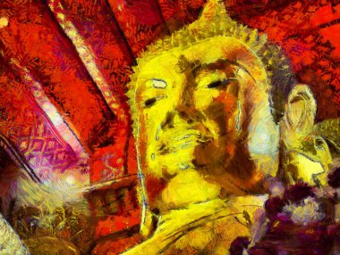 Ayutthaya 'daki büyük altın Buda Dünya Mirası Resimleri, izlenimci bir resim stili yaratıyor..